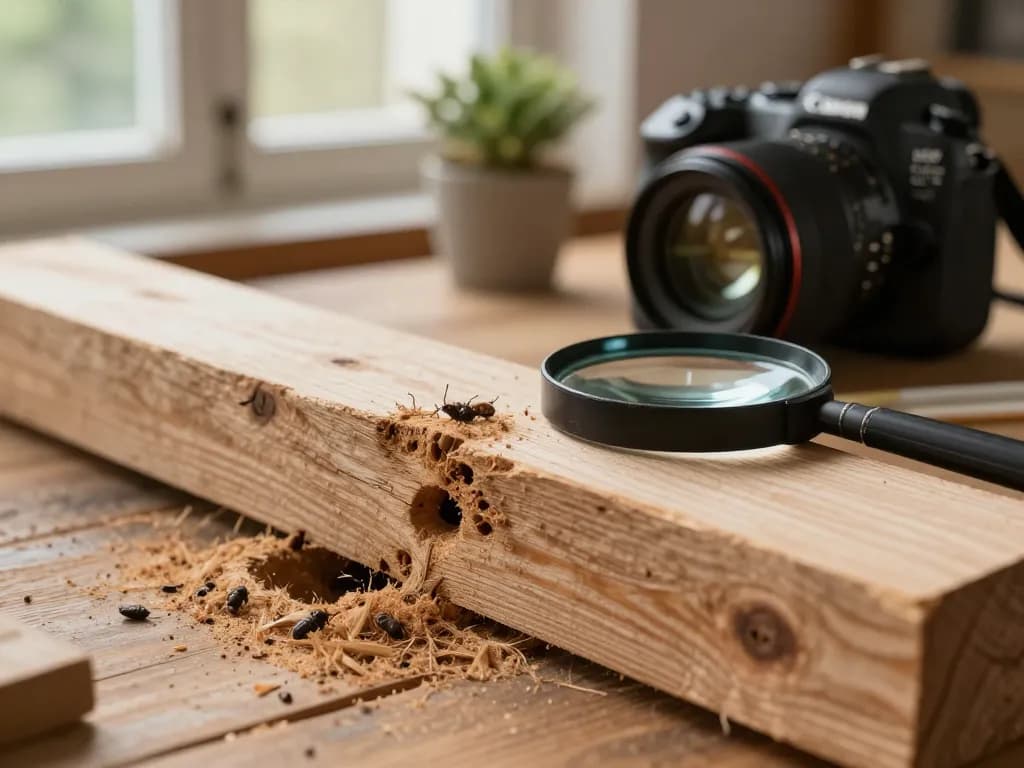 Fori di uscita dei coleotteri del legno e polvere di legno su una trave ispezionata con lente di ingrandimento.