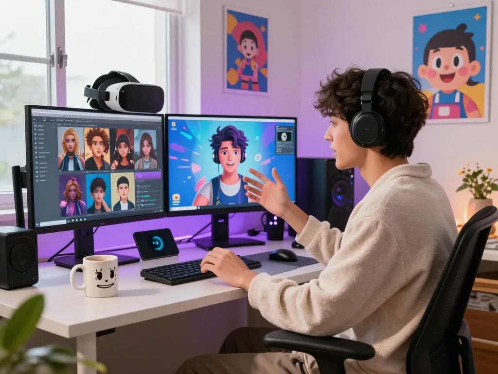 Engaged user chatting with an NSFW character AI on a multi-screen setup, showcasing AI interaction.