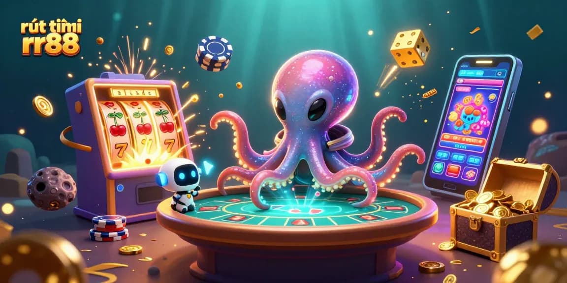 Experience rút tiền rr88 with a thrilling 3D illustration of an alien octopus at a poker table.
