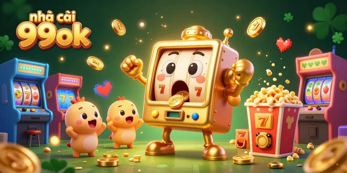 Celebrate winning at nhà cái 99ok with a golden slot machine hitting the jackpot and coins pouring out!