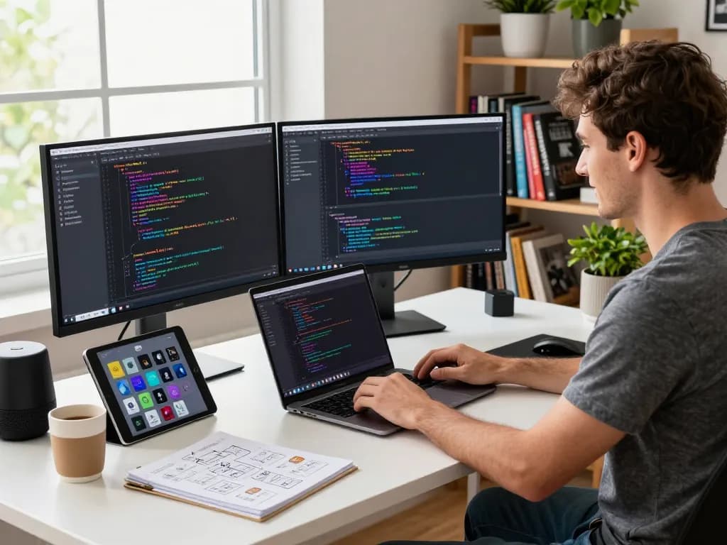 Developer using Clawdbot in a modern home office, showcasing coding activities and tech gadgets.