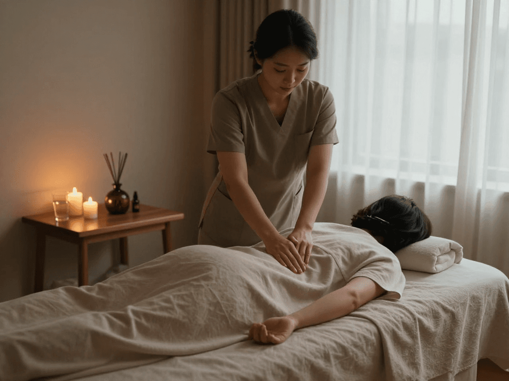 Premium 김포출장마사지 in a serene home setting with professional therapist and calming atmosphere.