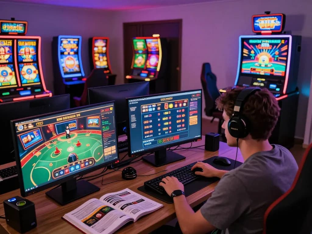 Engaging user exploring raja slot strategies on multiple screens in a modern gaming setup