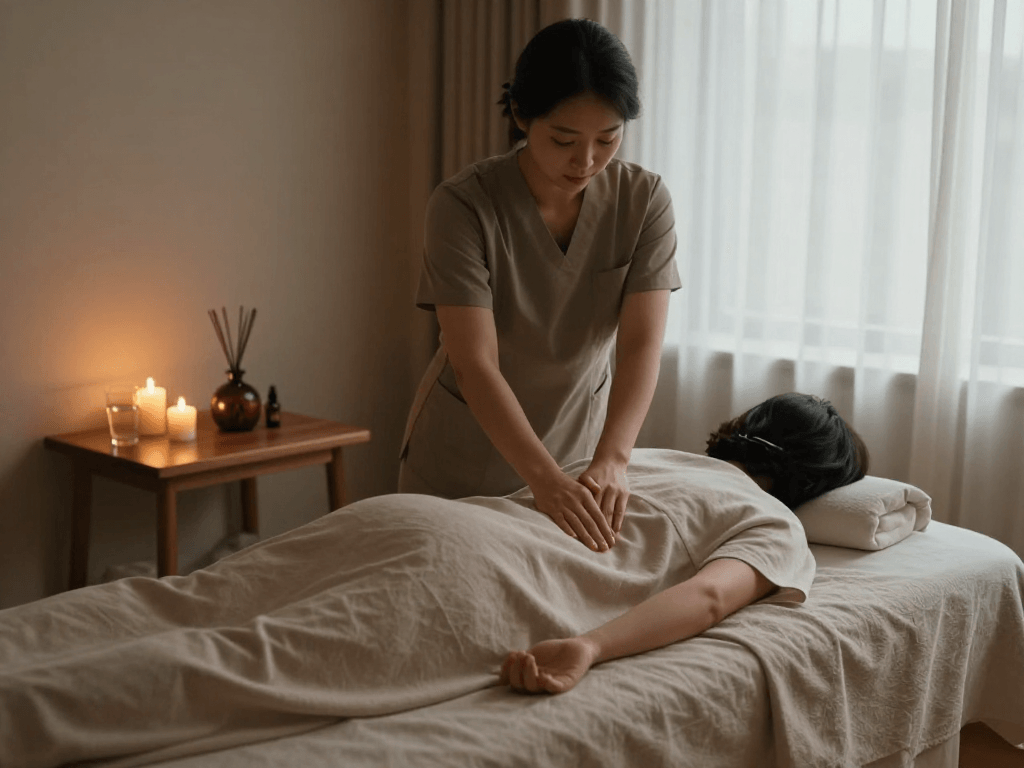 Premium 김포출장마사지 in a serene home setting with professional therapist and calming atmosphere.
