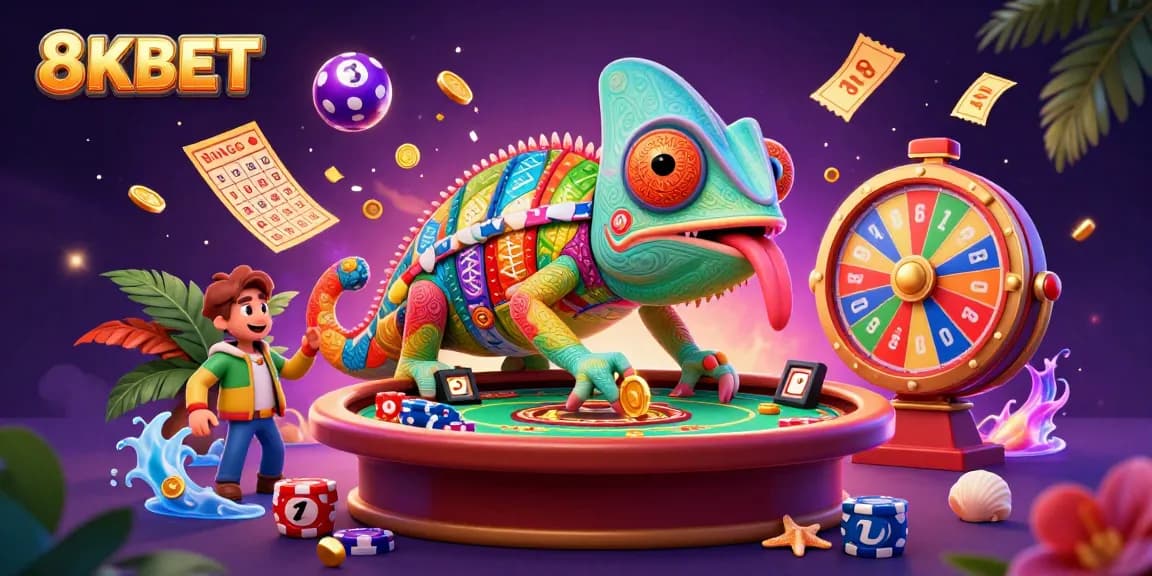 Experience the excitement of 8KBET with vibrant lottery elements and a playful chameleon casino owner.