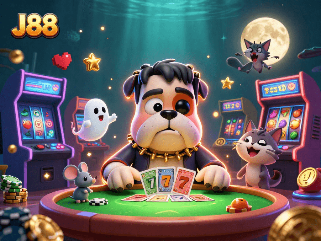 J88 offers thrilling slots action with a cartoon Frankenstein bulldog dealer at a spooky table.
