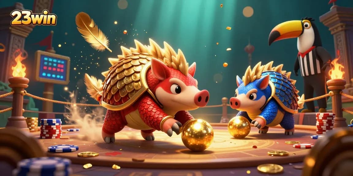 Experience thrilling gameplay with 23win as rival pangolins interact in a dynamic casino scene full of energy.