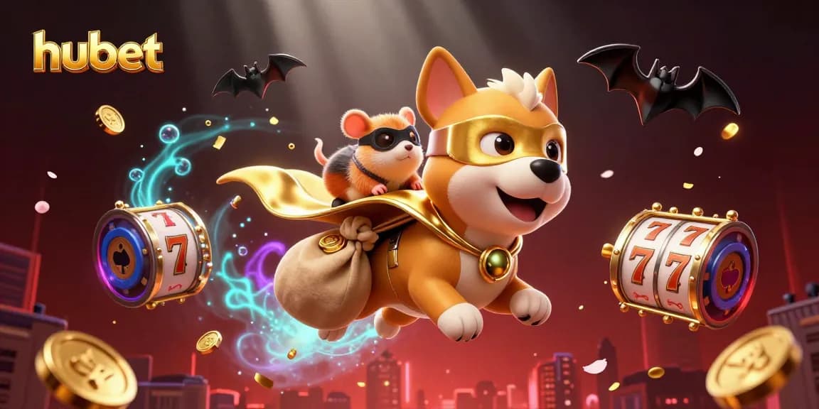 Engage in thrilling gameplay at hubet, featuring a superhero dog and hamster amid vibrant casino elements.