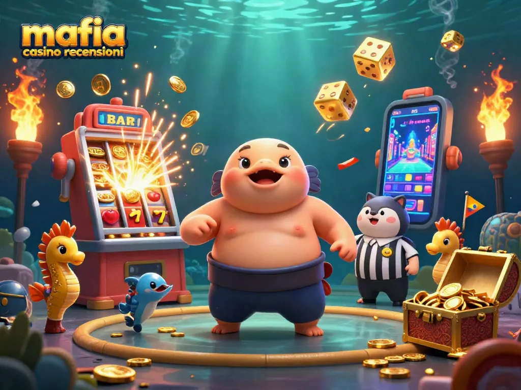 Mafia casino recensioni featuring a vibrant underwater casino scene with characters enjoying a jackpot explosion of coins.