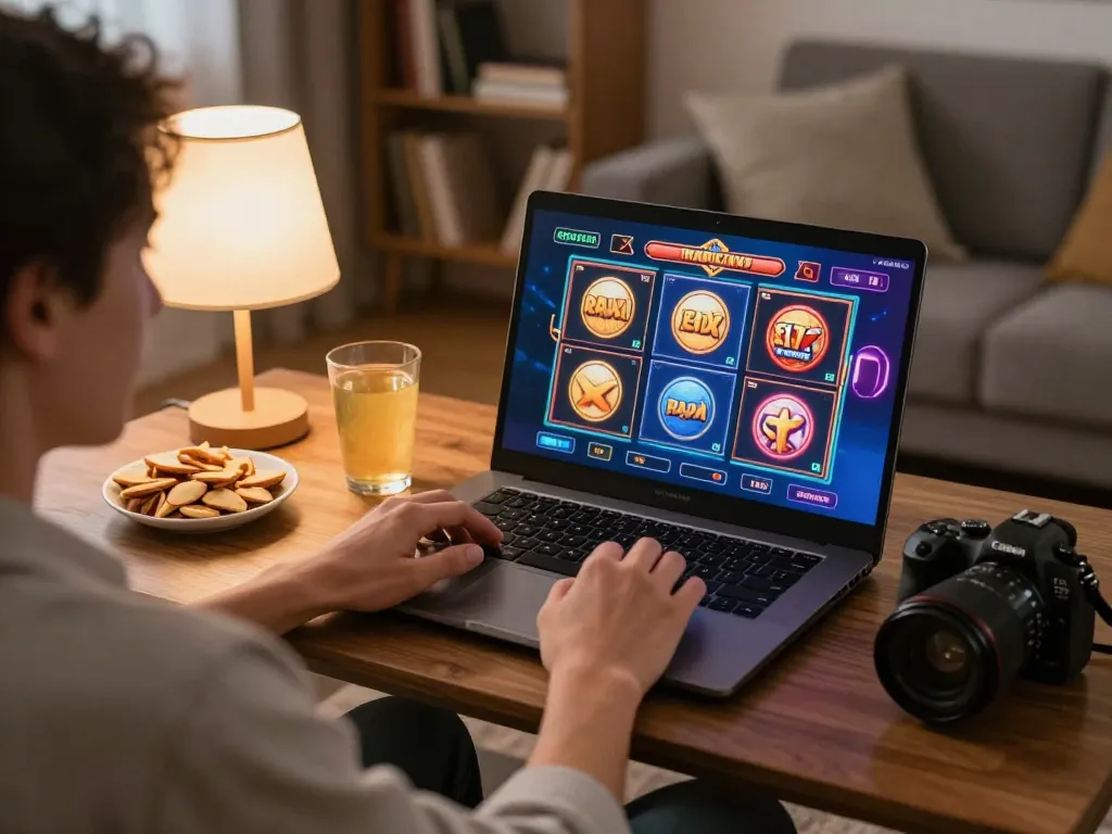 Pemain yang terlibat menikmati permainan raja slot di laptop, menekankan pengalaman gaming online yang strategis