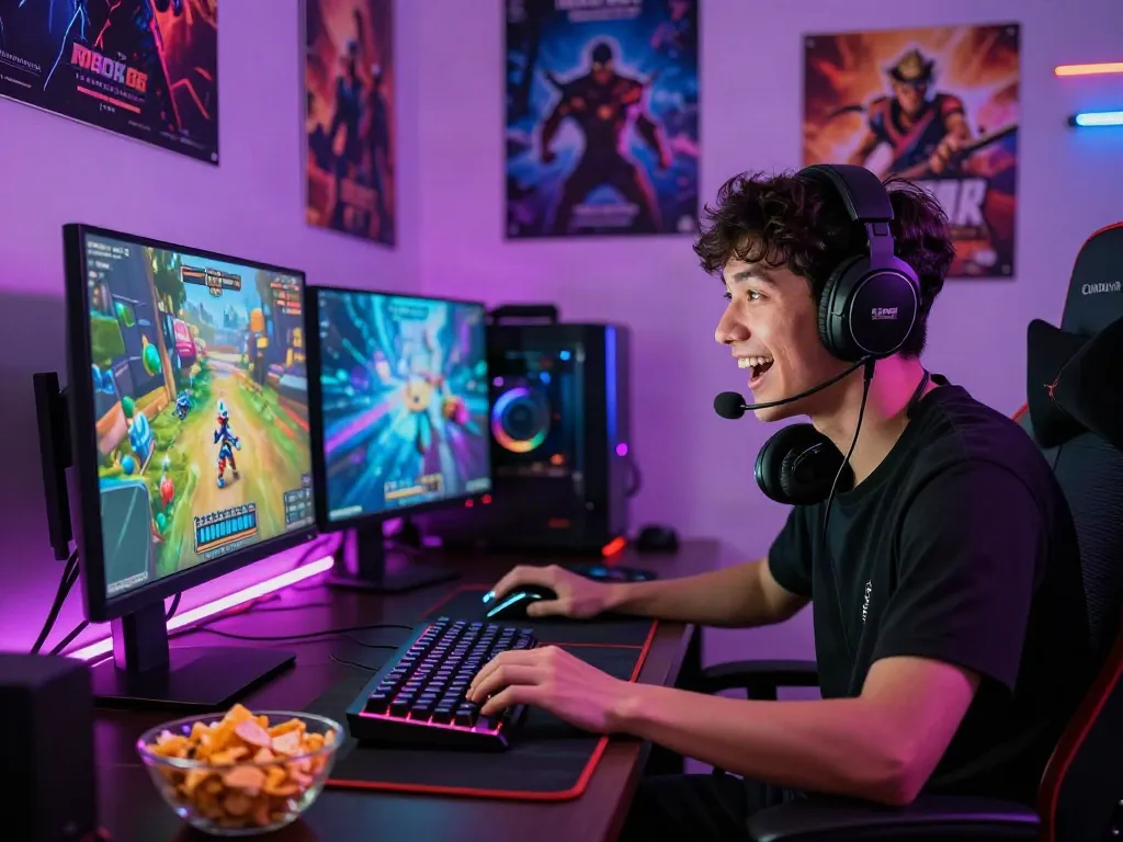 A gamer engaged with the rokok88 link, surrounded by vibrant gaming gear and dynamic atmosphere.