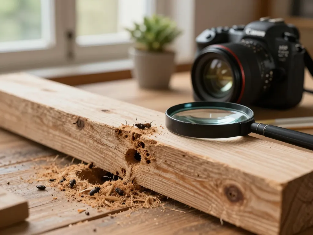 Fori di uscita dei coleotteri del legno e polvere di legno su una trave ispezionata con lente di ingrandimento.