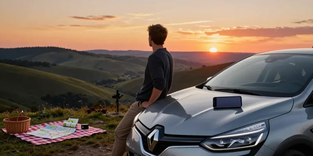 Noleggio lungo termine Renault Clio in un paesaggio panoramico con un conducente che si gode la vista al tramonto.