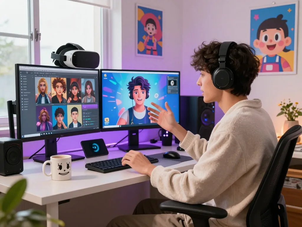 Engaged user chatting with an NSFW character AI on a multi-screen setup, showcasing AI interaction.