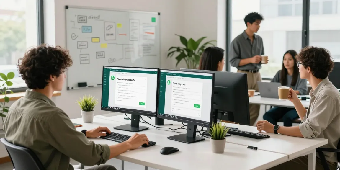Team collaborating using WhatsApp網頁版 in a bright office workspace.