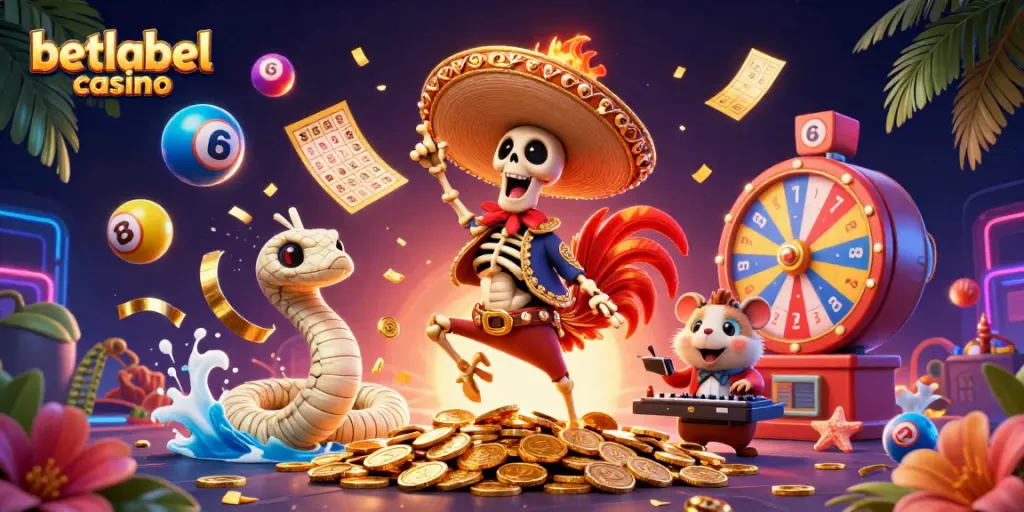 Celebrate your winnings at betlabel casino with lively characters amidst vibrant game elements.