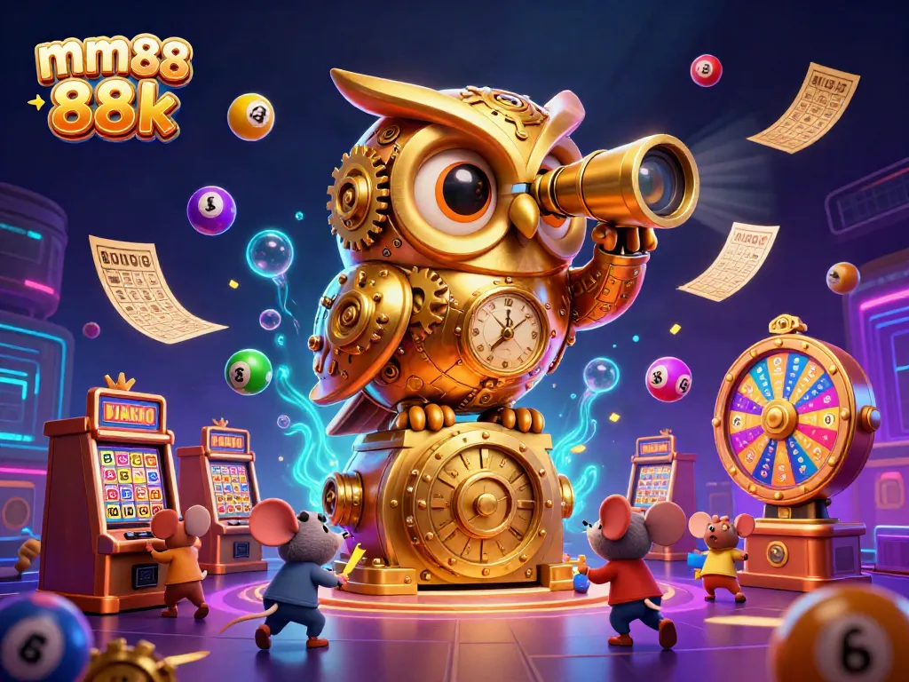 Engage with mm88 88k gaming excitement, featuring a whimsical owl and bustling casino scene.