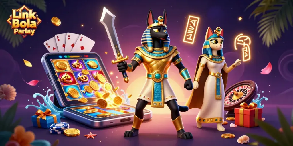 Join the action with Link Bola Parlay in this vibrant gambling scene featuring Anubis and Bastet.