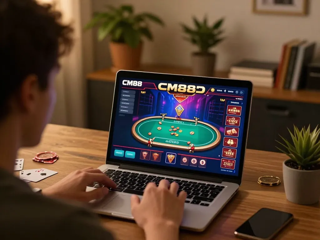 Players engaging in strategic poker gameplay on CM88's online platform with vibrant graphics and a cozy home setting.
