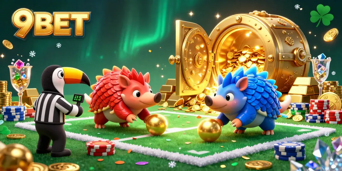 Experience the thrilling action of 9BET as rival pangolins compete through golden poker chips in an animated casino scene.