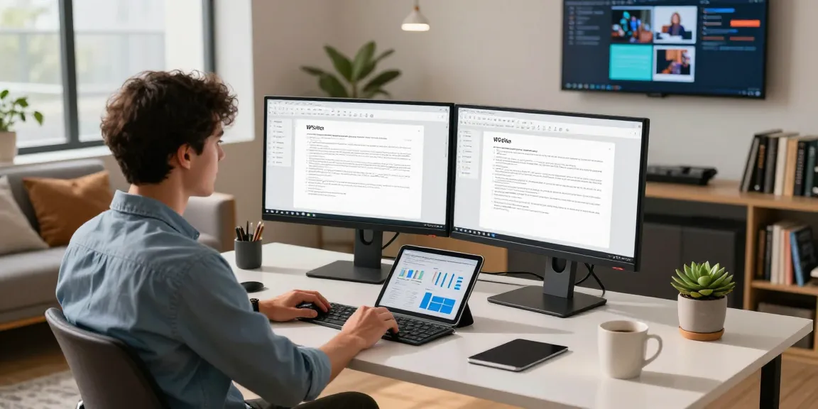 Professional workspace with WPS Official Website interface on monitors, showcasing productivity and innovation.
