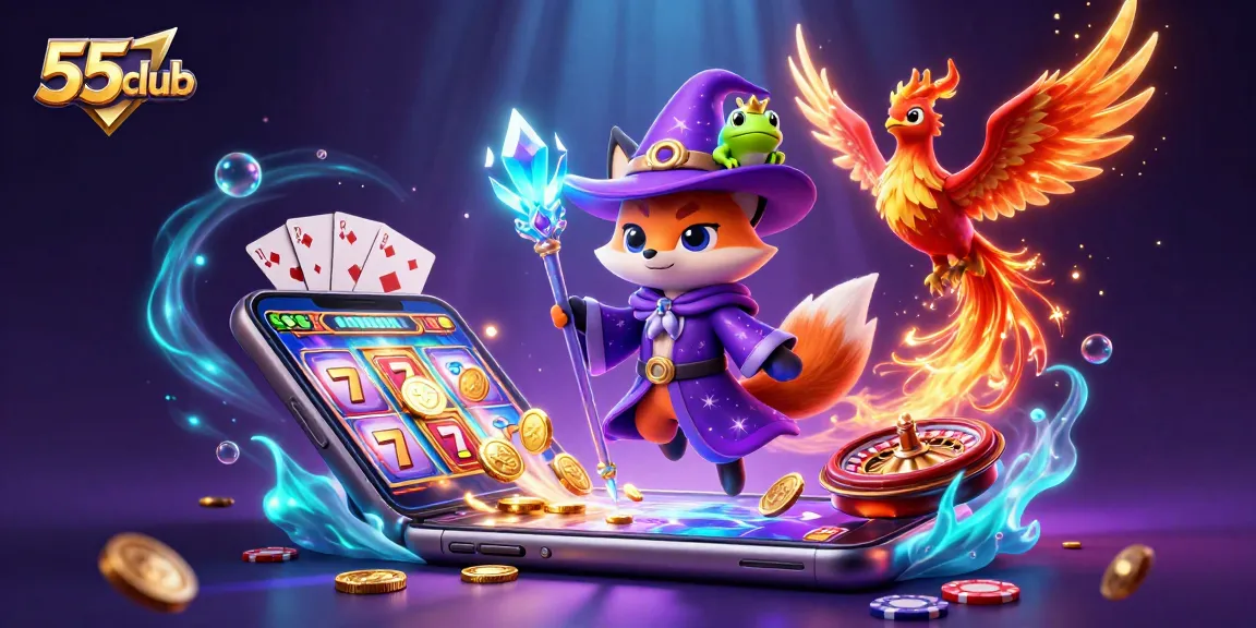 Engage with 55club's vibrant 3D casino scene featuring a wizard fox, phoenix, and exciting slot games.