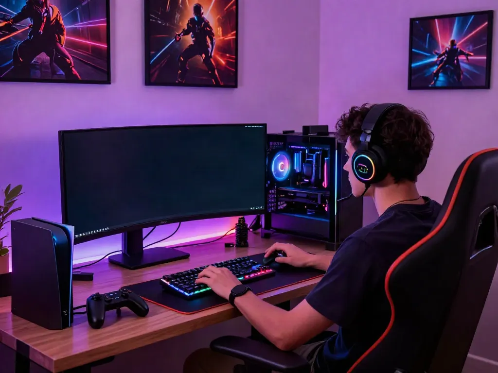 Gamer immersed in action on screen, with colorful rokok88-themed gaming setup.