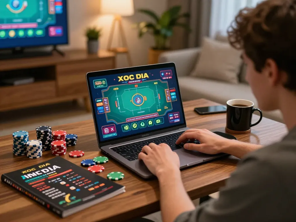Engaging in xocdiaonline game at home with laptop, vibrant atmosphere, and gaming strategy.
