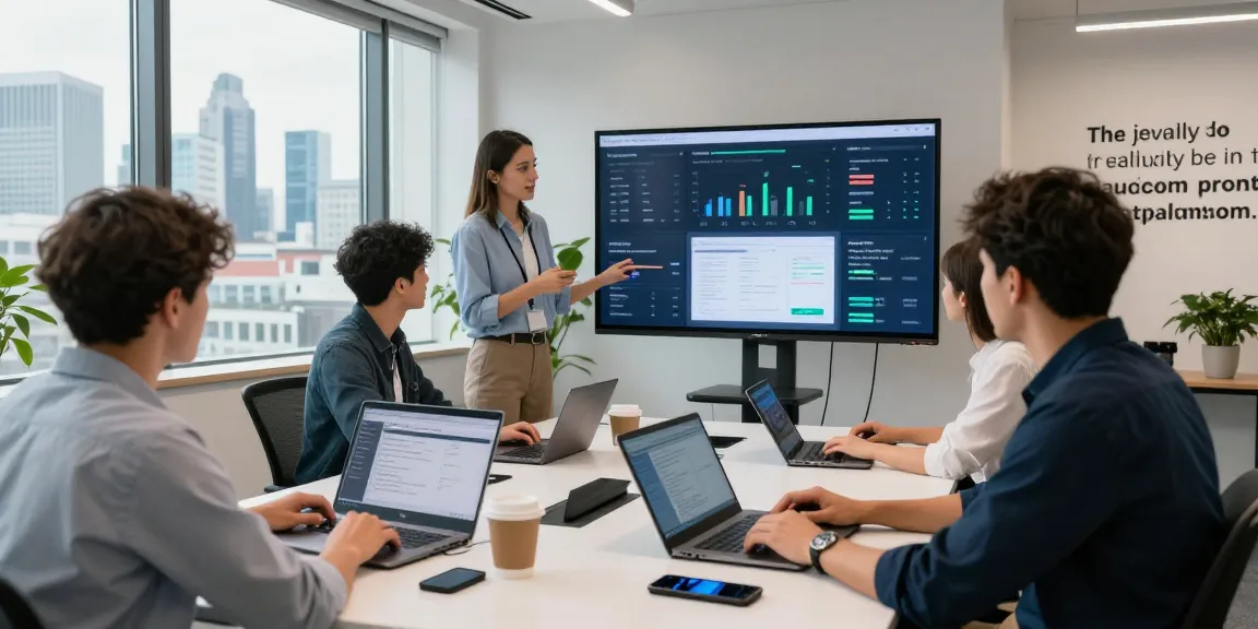 Collaboration in a modern office showcasing london business it support with tech gadgets, analytics dashboards, and urban skyline.
