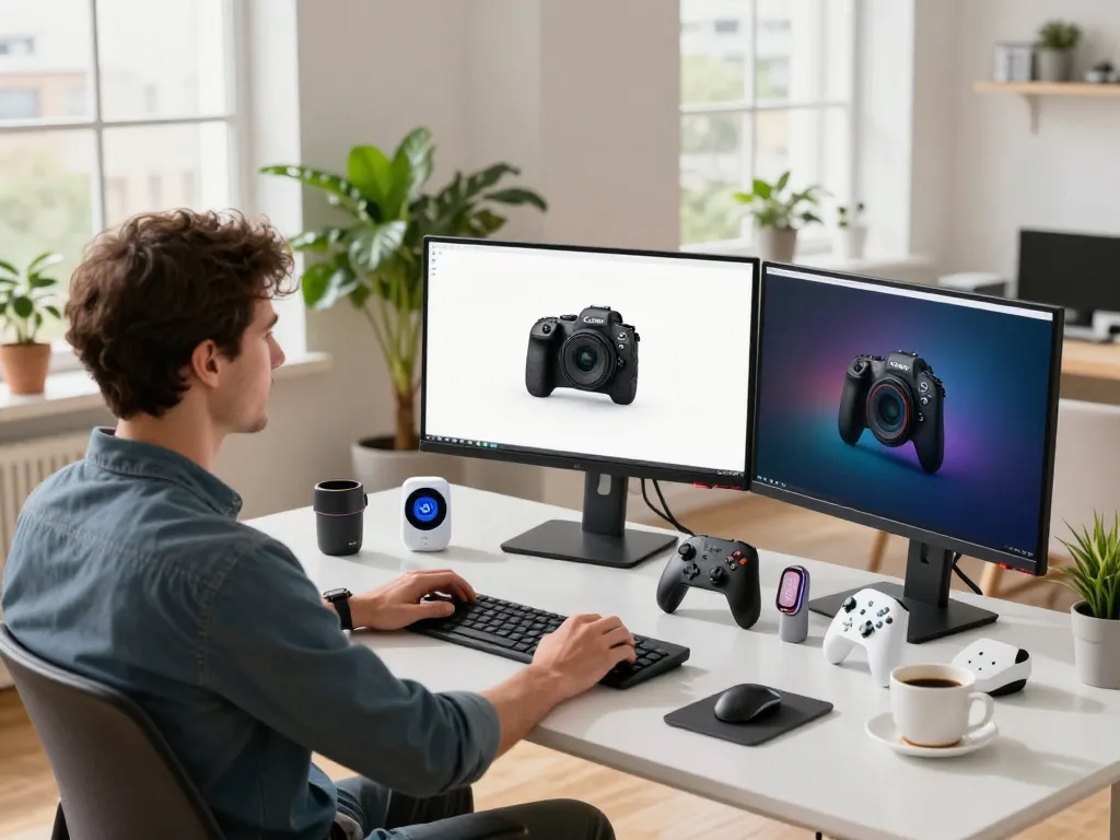 Tech enthusiast exploring must have tech gadgets in a modern workspace.