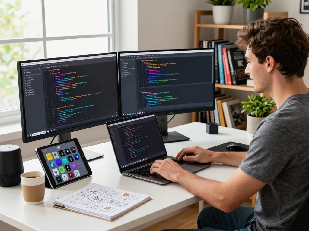 Developer using Clawdbot in a modern home office, showcasing coding activities and tech gadgets.
