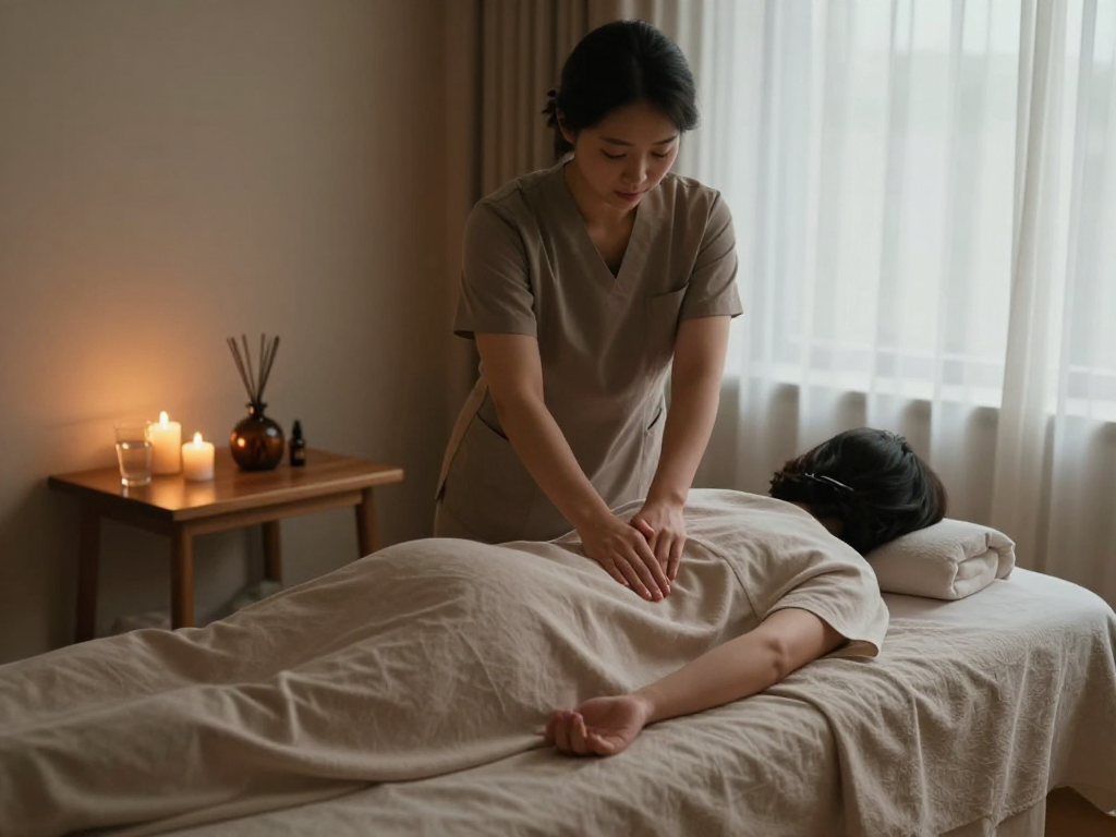 Premium 김포출장마사지 in a serene home setting with professional therapist and calming atmosphere.