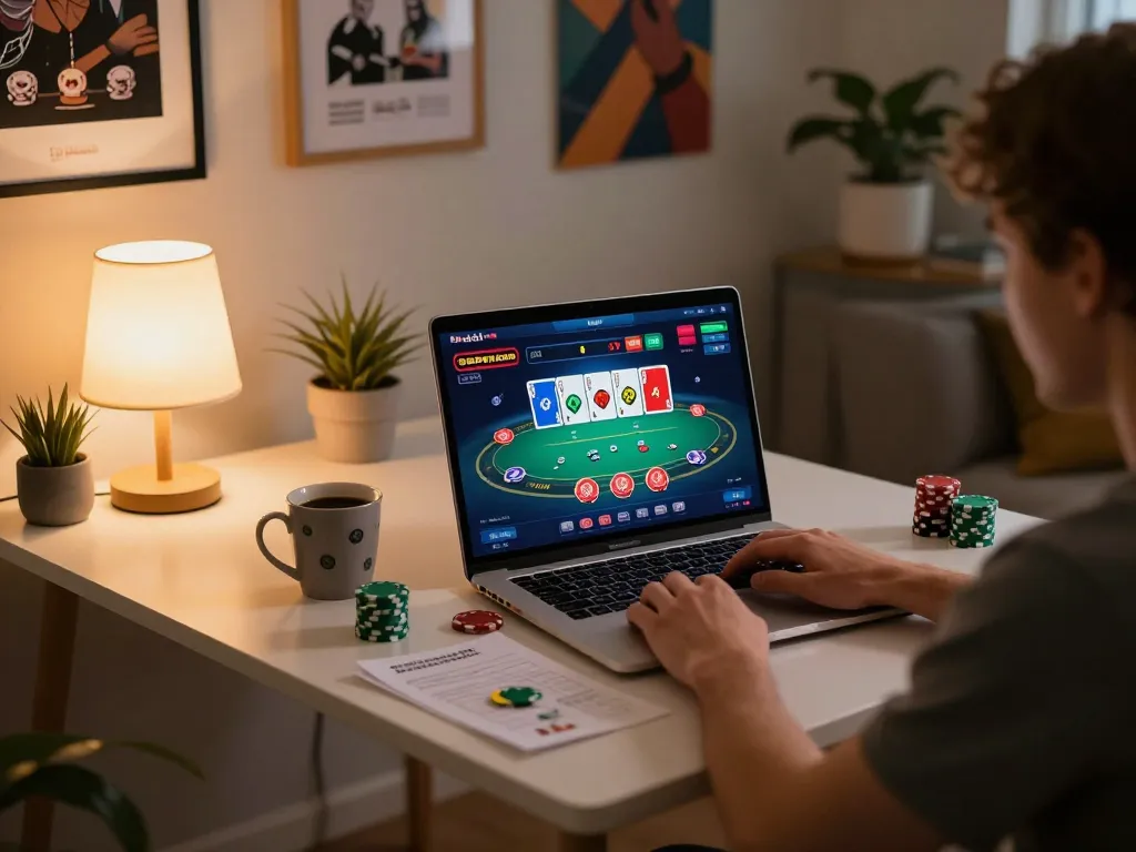 Online gaming at trang chủ 23win with laptop showcasing poker action, cozy atmosphere