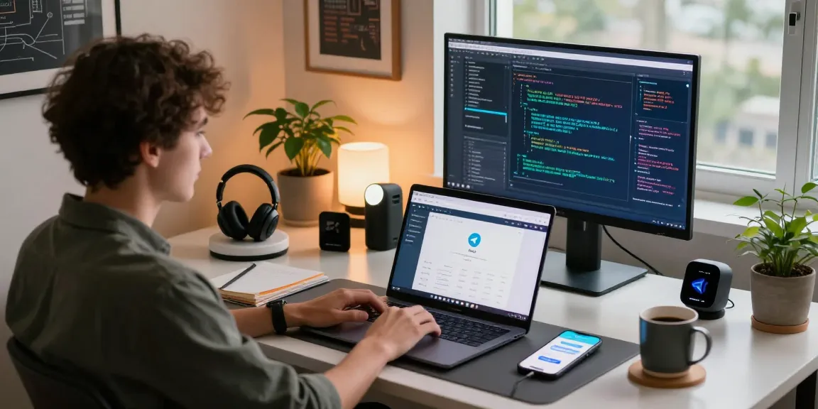 Professional using Telegram web version in a modern tech workspace filled with gadgets and a cozy atmosphere.