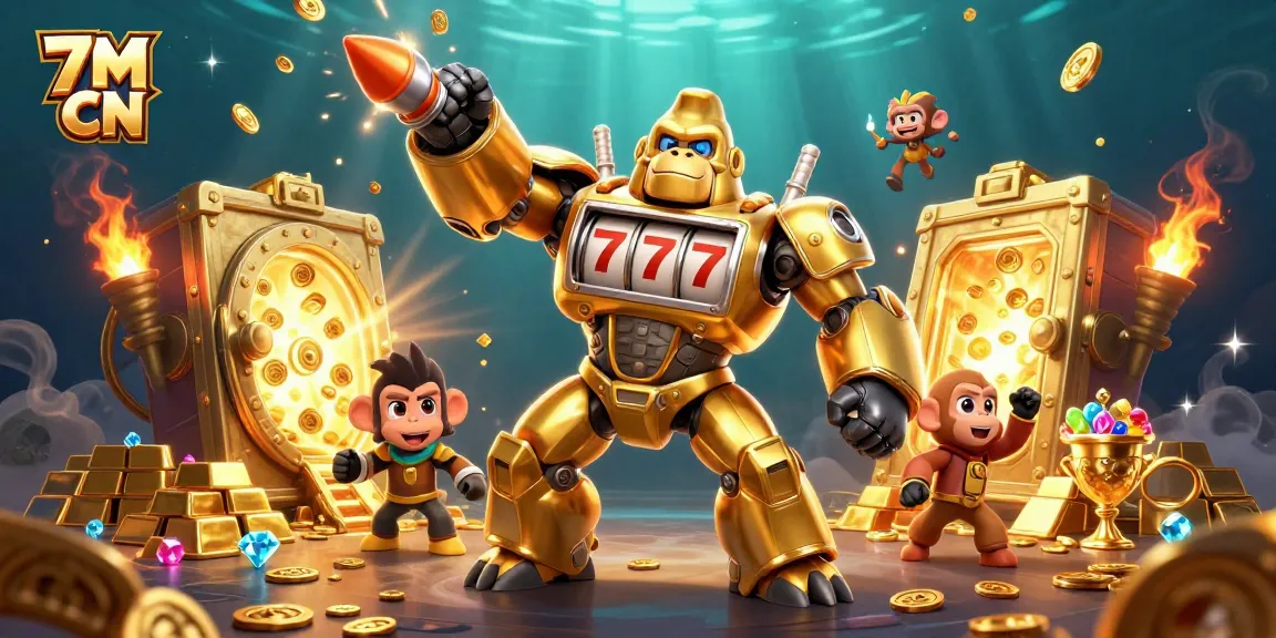 Bet on the exciting action of 7M CN, featuring a golden gorilla mech and treasure bursting out in a vibrant casino scene.