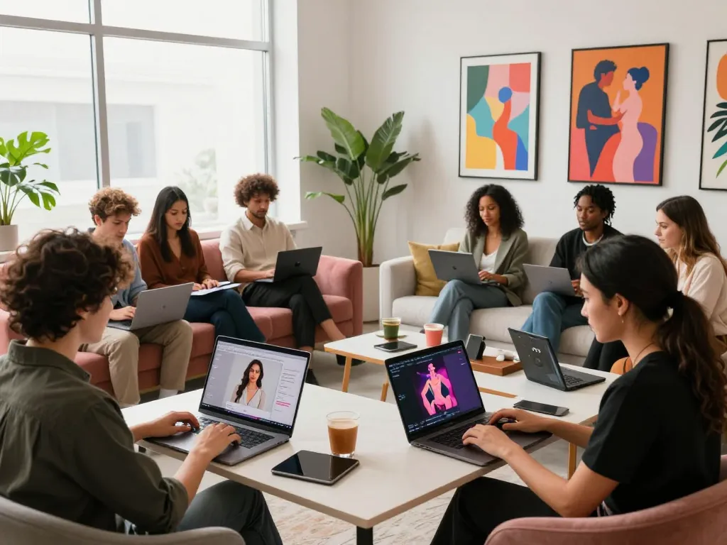 Creative team designing innovative ai sex content in vibrant studio.