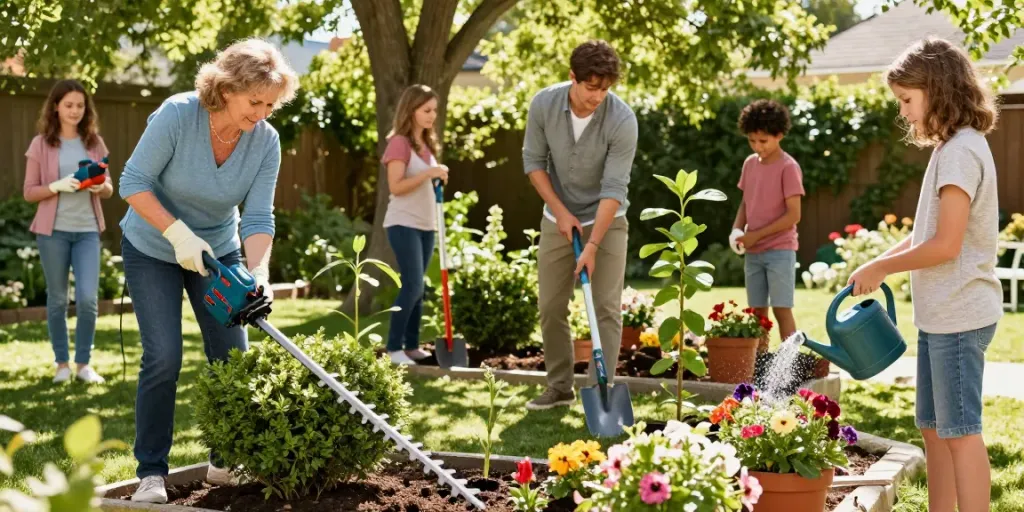 Scene di giardinaggio con strumenti Bosch giardinaggio, persone che piantano fiori e potano siepi in un giardino soleggiato.