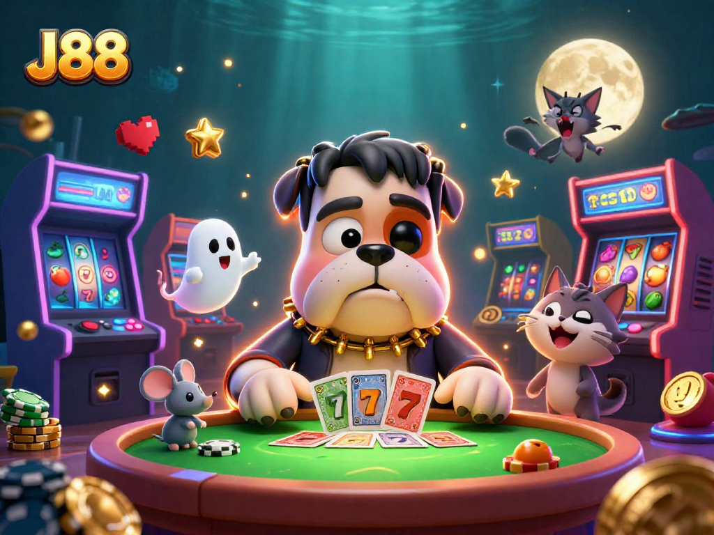 J88 offers thrilling slots action with a cartoon Frankenstein bulldog dealer at a spooky table.
