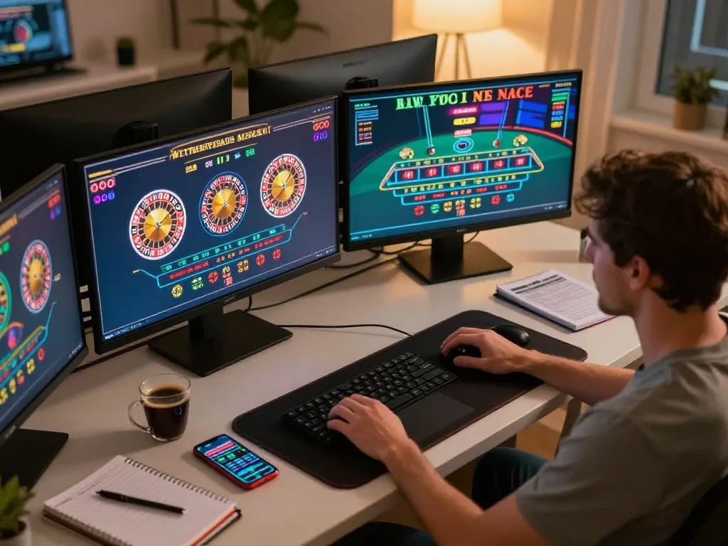 Player engaging in online gaming at F168, focusing on live baccarat and roulette strategies in a stylish office.