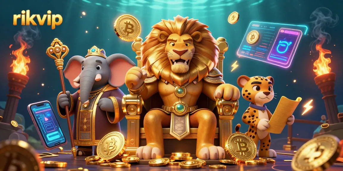 Experience thrilling gameplay at rikvip with 3D casino characters amidst cryptocurrency elements and vibrant game symbols.