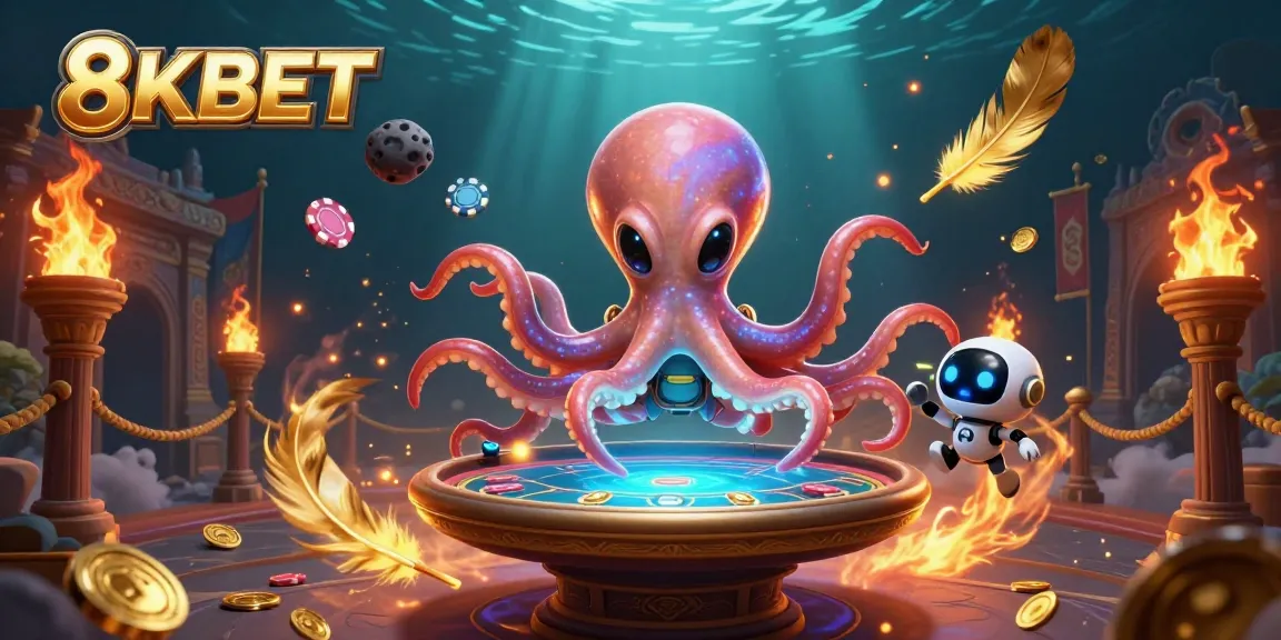 Engage in thrilling poker at 8KBET with an alien octopus and robot companion in an exciting 3D adventure.