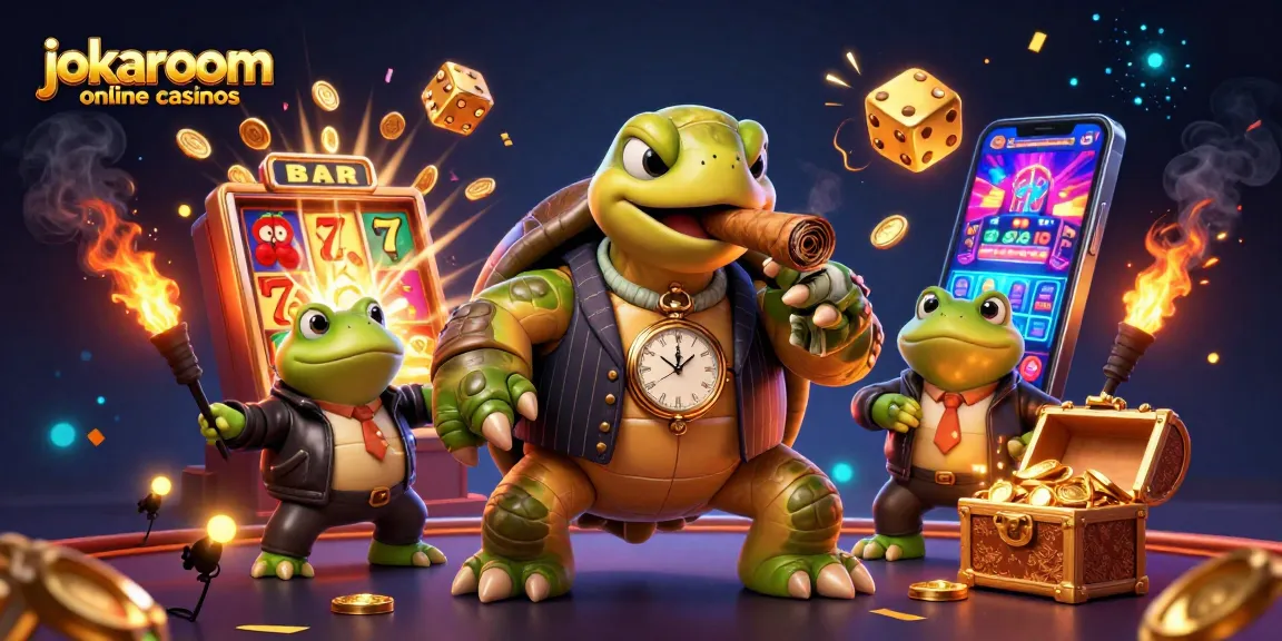 Engage with jokaroom online casinos featuring a vibrant scene of a snapping turtle in a mobster suit among gambling elements.