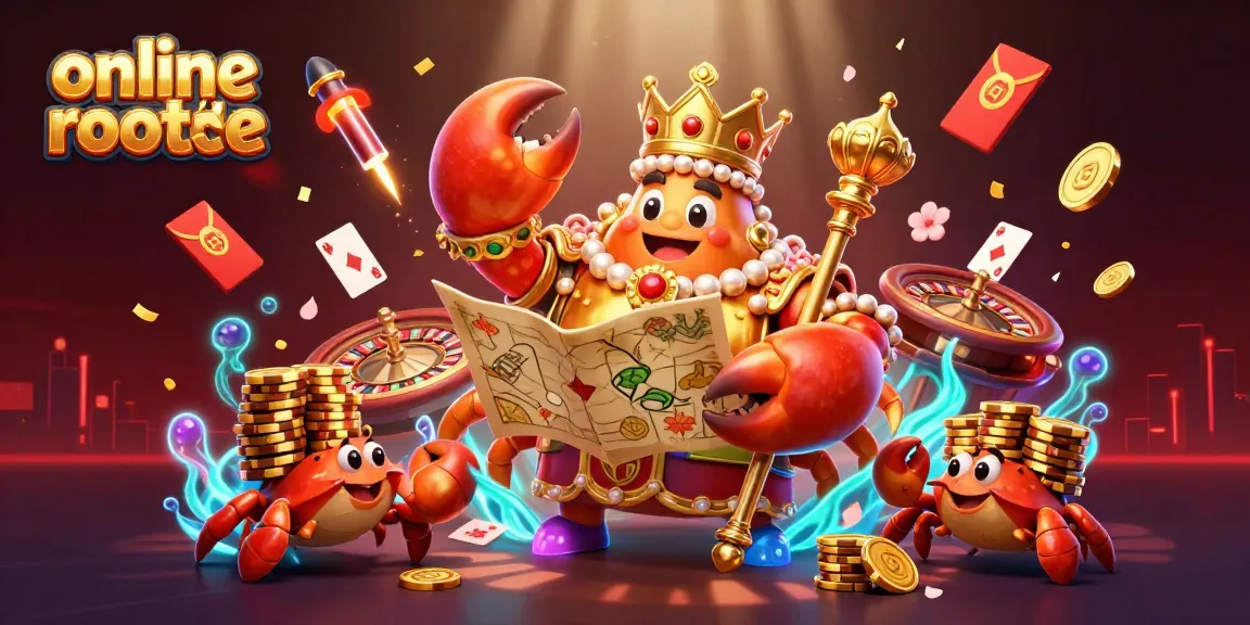 Experience thrilling online roulette with a golden crab emperor surrounded by colorful casino elements.